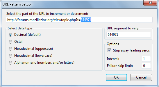 Screenshot of the "URL Pattern Setup" dialog